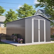 LZBEITEM 8x12 Outdoor Metal Storage Shed with Floor Frame, Galvanized Steel Garden Shed, Metal Garden Tool Shed with Double Lockable Doors for Backyard Patio Lawn, Gray