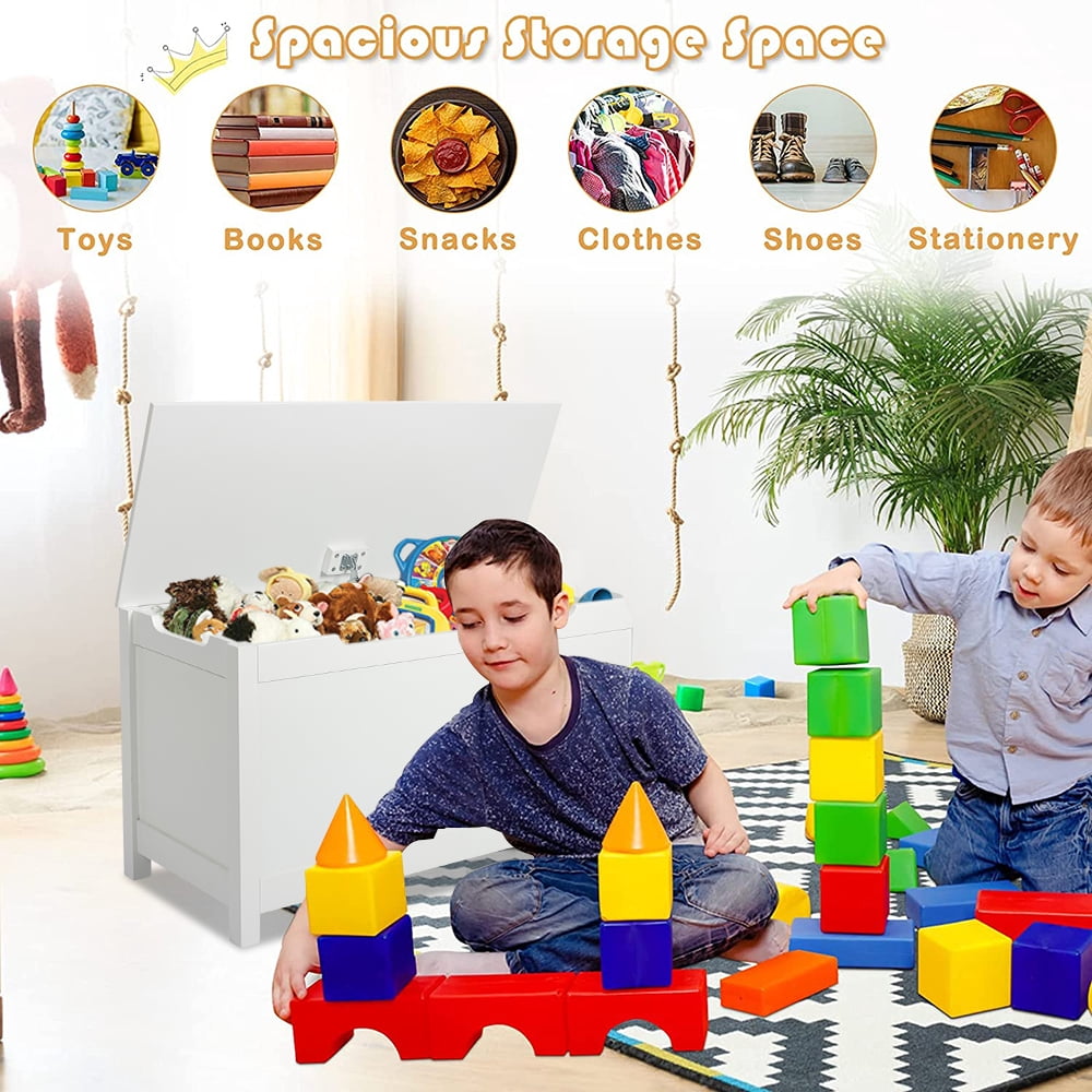 Toy Storage Organizer, Wood Kids Storage Bench, Girls Boys Kids Storage Bench for Entryway, Mudroom, Playroom, White, R538