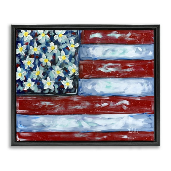 Stupell Industries Flower Stars & Stripes Flag Patriotic Painting Black Floater Framed Canvas Art Print Wall Art, 21 x 17