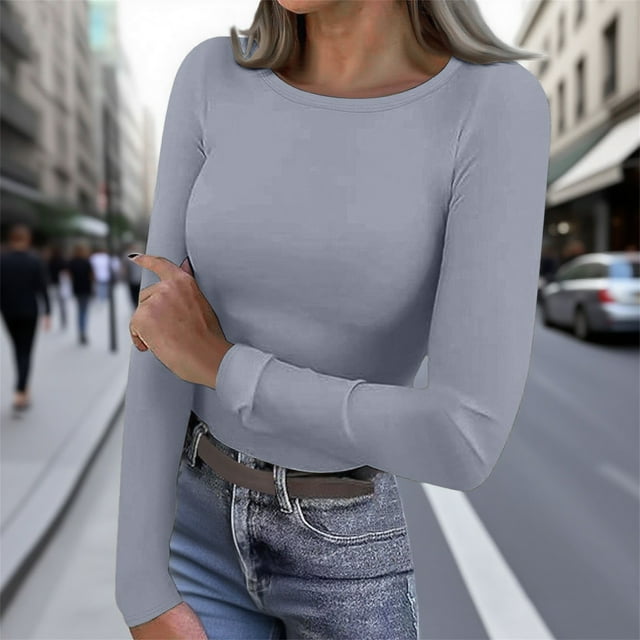 Chemise à Manches Longues Doublée de Polaire Thermique pour Femmes, Col Rond en Velours Double Face, Couche de Base pour Automne Hiver, Confort Chaud, Gris m