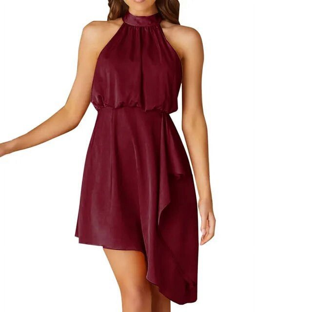 Robes d'Été pour Femmes Grande Taille, Col Licou, Bretelles en Satin, Robe à Encolure Suspendue Irrégulière, Robe Ample de Plage pour les Vacances