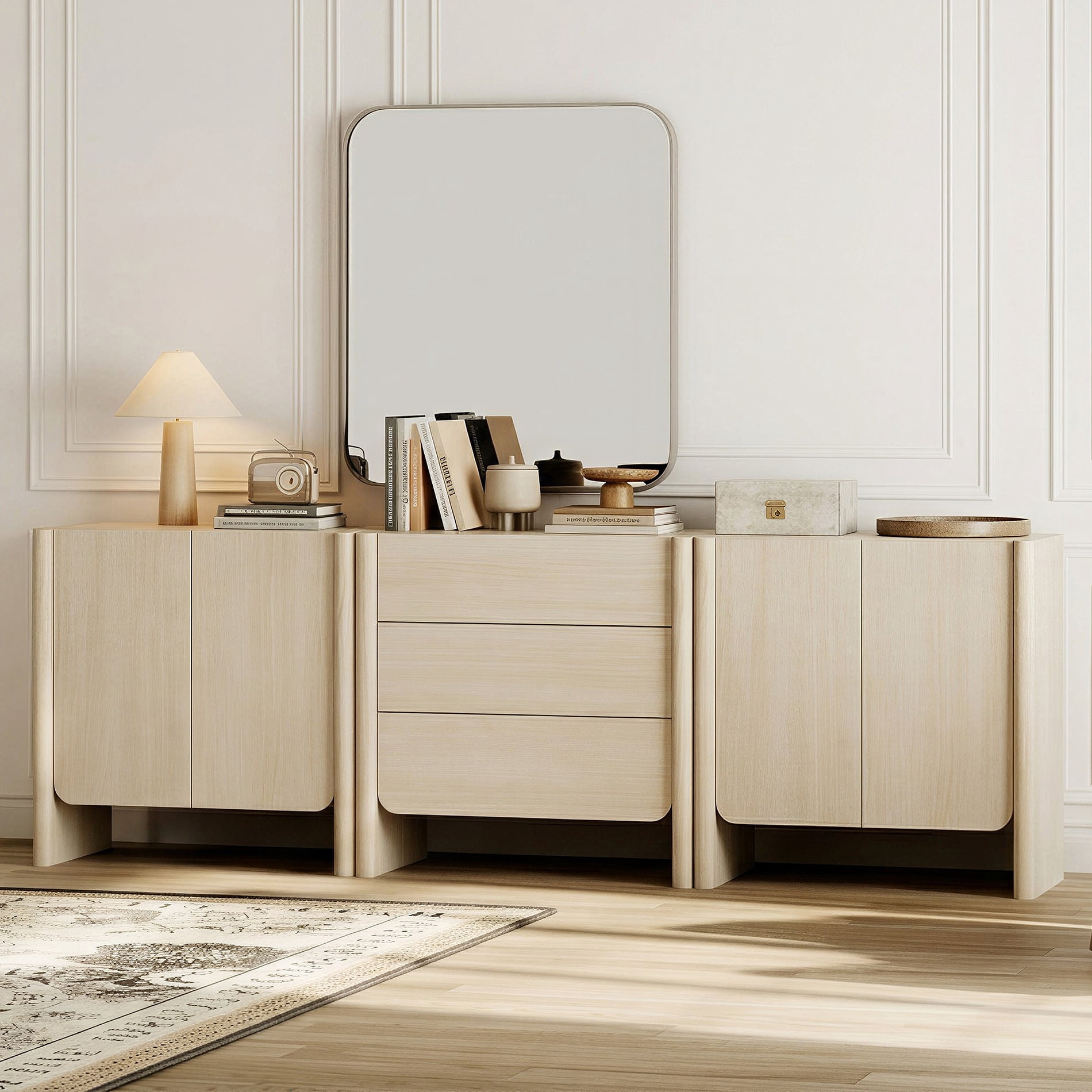 Modern French TV Stand, 94.5-Inch 3-Piece Media Console with 4 Doors and 3 Drawers, Supports TVs up to 105 Inches, Beige