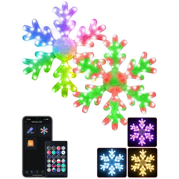 2pack 31.5" Christmas Big Snowflake Smart Hanging Lights 74 LEDs 16 Million Colors Window Lights Music Sync Remote & App Control DIY Mode for Holiday Indoor Wall Door Window Porch Decor