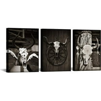 Hieng 3pcs Vintage Western Art Wall Decor Brown Buffalo Bull Cow Horn Skull Picture Prints on Canvas Black and White Animal Head Painting for Cowboys Each Panel(only canvas)