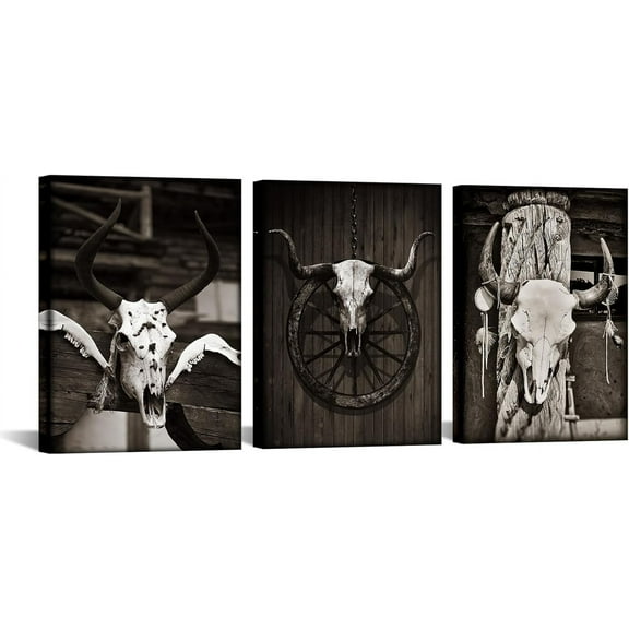 Hieng 3pcs Vintage Western Art Wall Decor Brown Buffalo Bull Cow Horn Skull Picture Prints on Canvas Black and White Animal Head Painting for Cowboys Each Panel(only canvas)