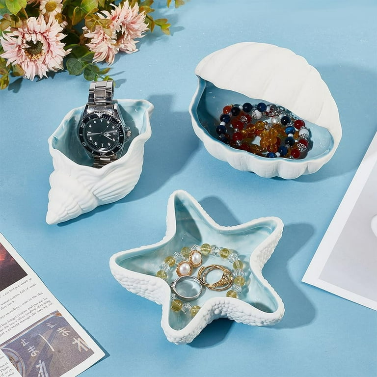 Shell Shape Ceramic Jewelry Tray Aqua Shell Trinket Dish Ceramic Ring  Earring Holder Ocean-themed Decorative Trinket Plate for Rings Earrings  Necklaces Bracelet Jewelry Watch Keys 