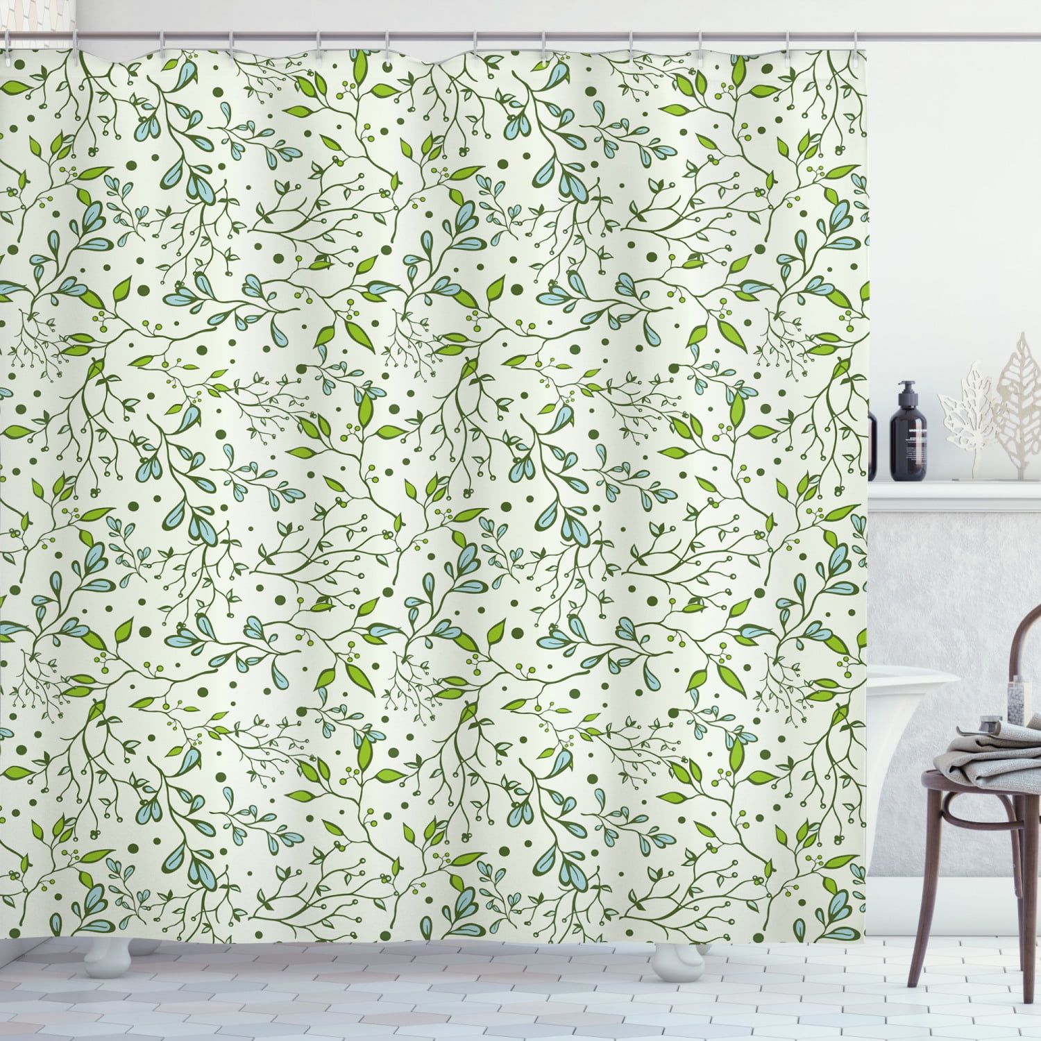Botanical Shower Curtain, Spring Season Forest Branches Leaves and