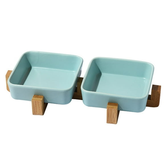 Ceramic Dog and Cat Bowl with Wood Stand Non-Slip Food Water Bowl Set for Cats and Dogs