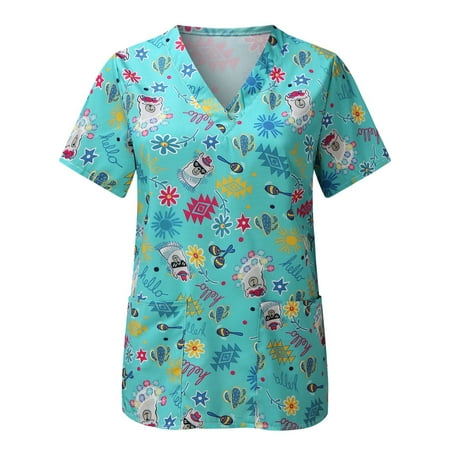 

Women Scrubs Tops Animal Print Casual Short Sleeve V-Neck Carer Top Nurse Workwear