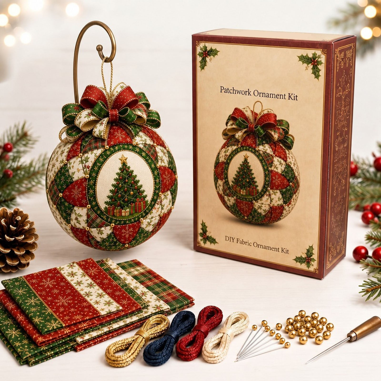 DIY Patchwork Christmas Ball Ornament Making Kit No-Sew Quilting Decoration Craft Set Holiday Fabric Craft Supplies for Christmas Tree Mantel Shelf and Festive Home Display Style D