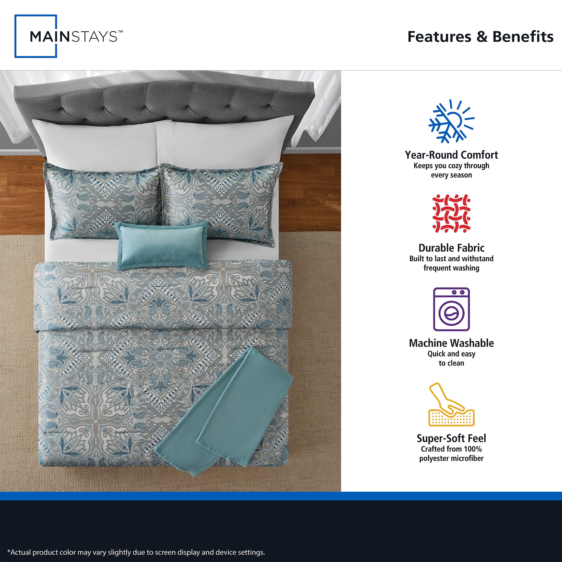 Mainstays Full/Queen Comforter Set, All-Season, 5-Piece, Teal Jacquard Medallion