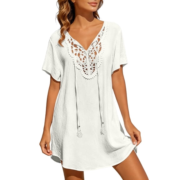 DHFJKG Womens Swimsuit Cover Up Dress Bohemian Hallow Out V Neck Short Sleeve Tunic Top Summer Swim Coverups Soft Beachwear