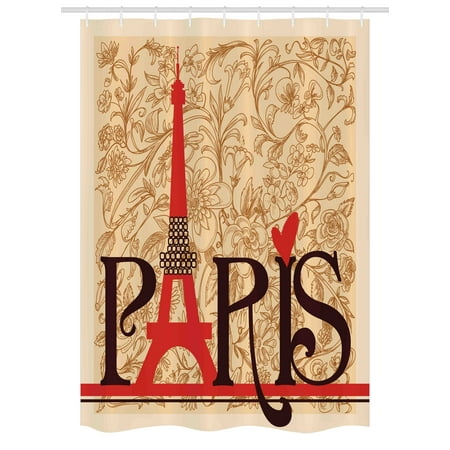Paris France Tower - Vintage Stall Shower Curtain, Paris Vintage Floral French Eiffel Tower City Holiday Stylish Postcards Gifts, Fabric Bathroom Set with Hooks, 54W X 78L Inches, Red Brown Ecru, by Ambesonne