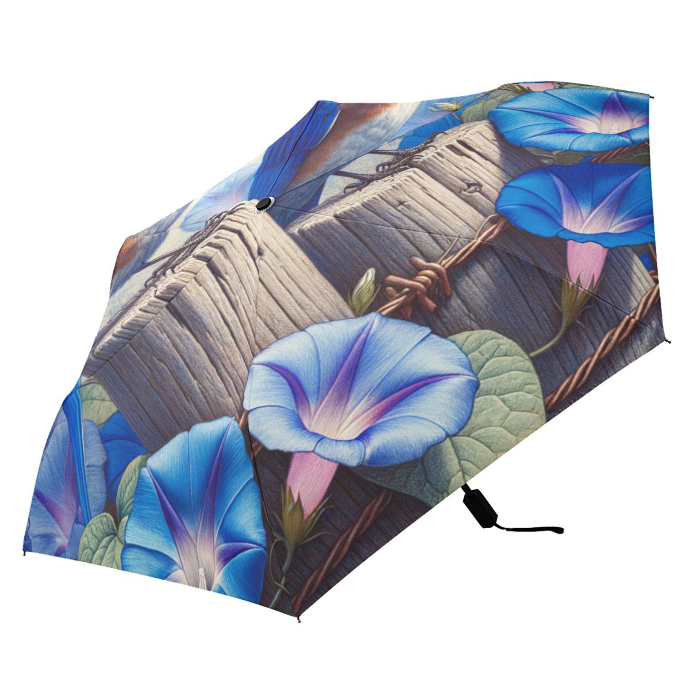 Compact Sun Umbrella Windproof Travel Umbrellas for Rain Strong Portable UV Protection Bluebirds on Wooden Fence and Flower