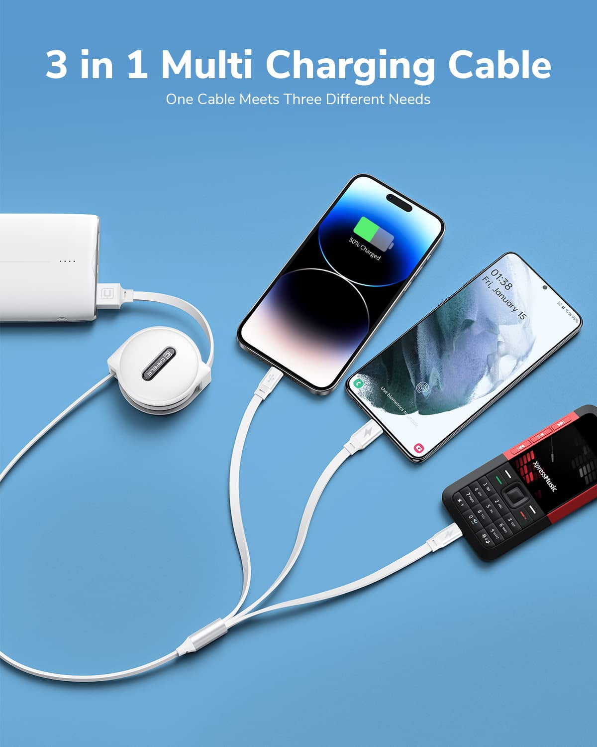 JJEAN-Multi Charging Cable 3A, [2Pack 4ft] Retractable USB Charging Cable with Type C/L/Micro USB Ports, 3 in 1 Multi Fast Charger Cord for Multiple Devices, Phone 16 15 14/Galaxy/Pads/Tablets-White
