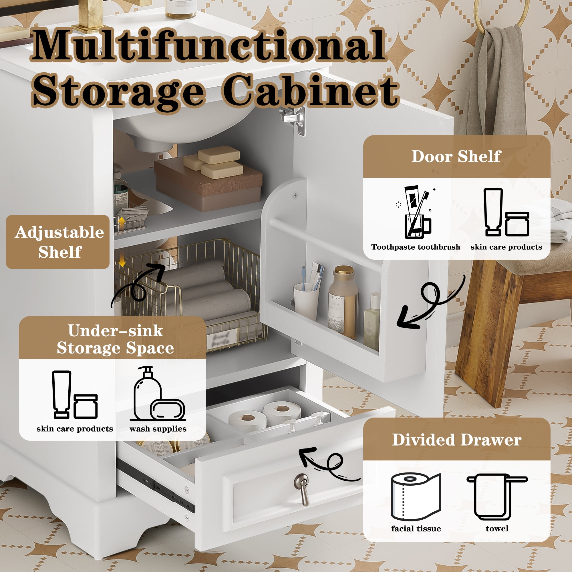 Harper & Bright Designs 20" White Bathroom Vanity with Sink, Modern Bathroom Cabinet Freestanding with Drawer, Wood Bathroom Storage Cabinet with Adjustable Shelf for Small Space