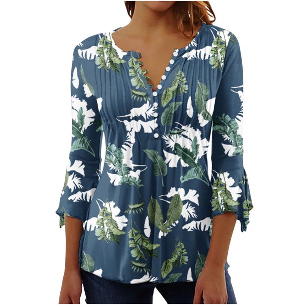 Blusa de verano para mujer con estampado de pliegues sexy y mangas 3/4 con cuello en V y botones OAVQHLG3B Store lin121212