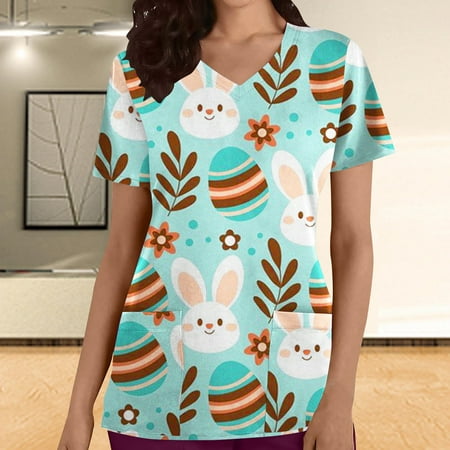 

LSLJS Scrubs Top for Women Easter Egg Bunny Print Working Uniform Short Sleeve V Neck Workwear Blouse T-shirt with Pockets on Clearance