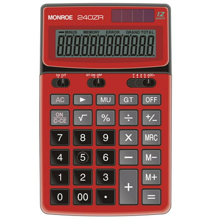 (1) Monroe 240ZR Red Commercial-Grade Handheld 12-Digit Battery/Solar Powered Calculator with Large Digits and