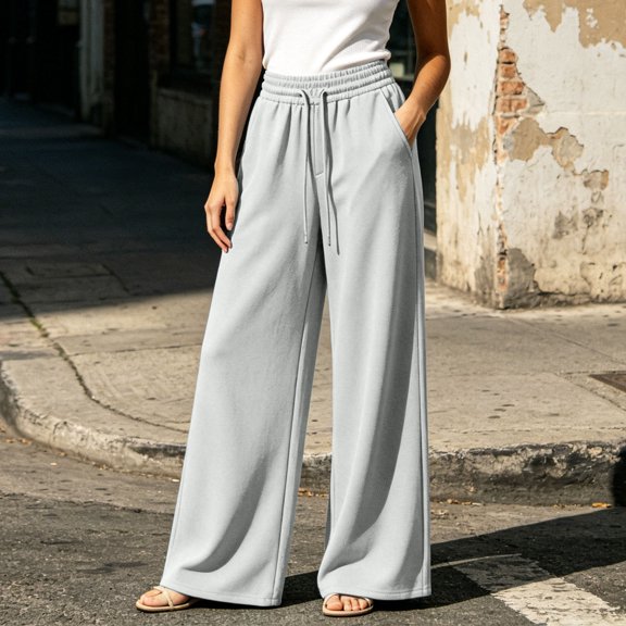 VV AVEORS Womens Wide Leg Sweatpants Drawstring Baggy Sweat Pants With Pockets Elastic Waisted Lounge Casual Trousers Light Gray XL