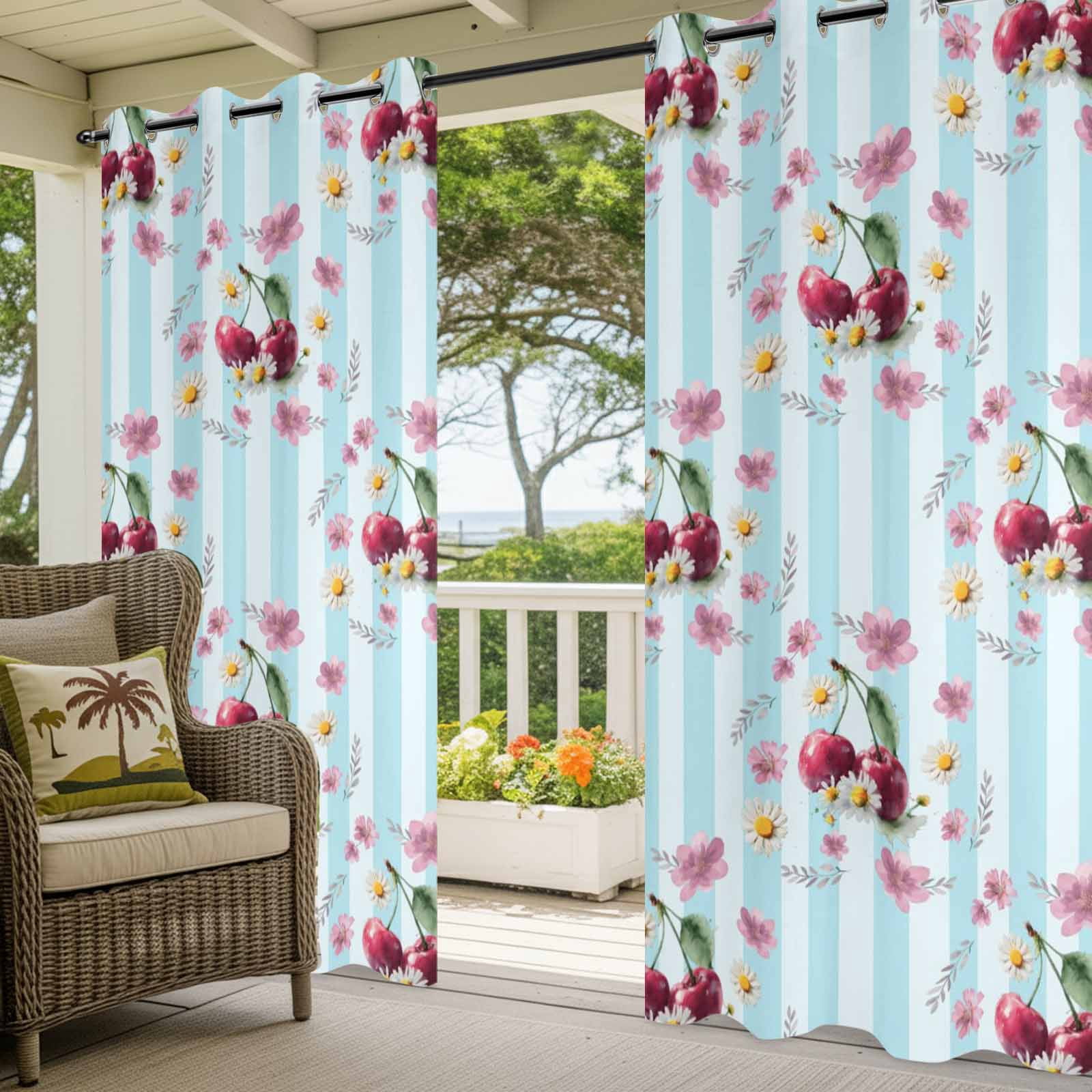 Red Cherry Outdoor Curtains for Patio, Country Farmhouse Pink Flower Leaf Blue Stripe Sunshade Privacy Drapes Grommet Waterproof Outside Curtains for Porch/Cabana/Balcony 54"x 108", 1 Panel