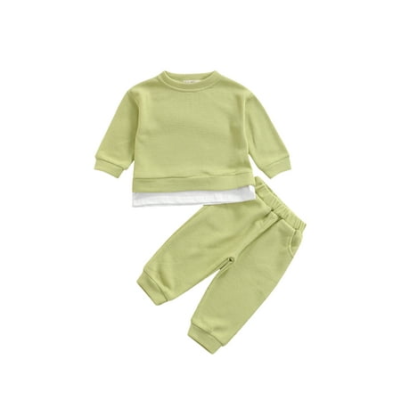 

Toddler Baby Boys Girls Outfits 2pcs Long Sleeve Solid Color Patchwork Waffle Knit Sweater Pants Set