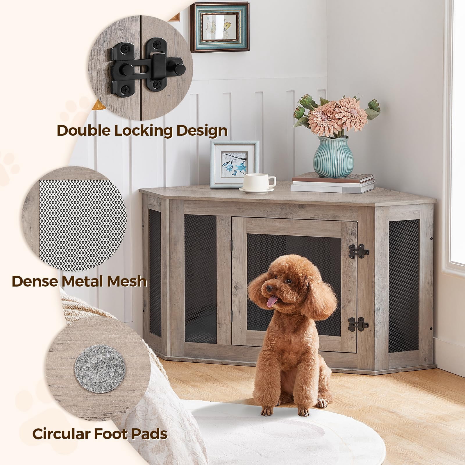 Greige Corner Dog Crate Furniture, Wooden Pet Kennel End Table for Small-Medium Dogs