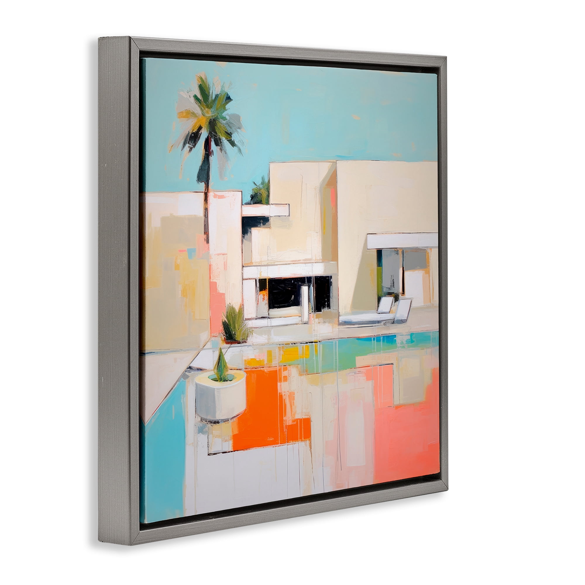 Stupell Industries Modern Tropical Villa Town & City Painting Gray Floater Framed Canvas Art Print Wall Art, 18 x 18