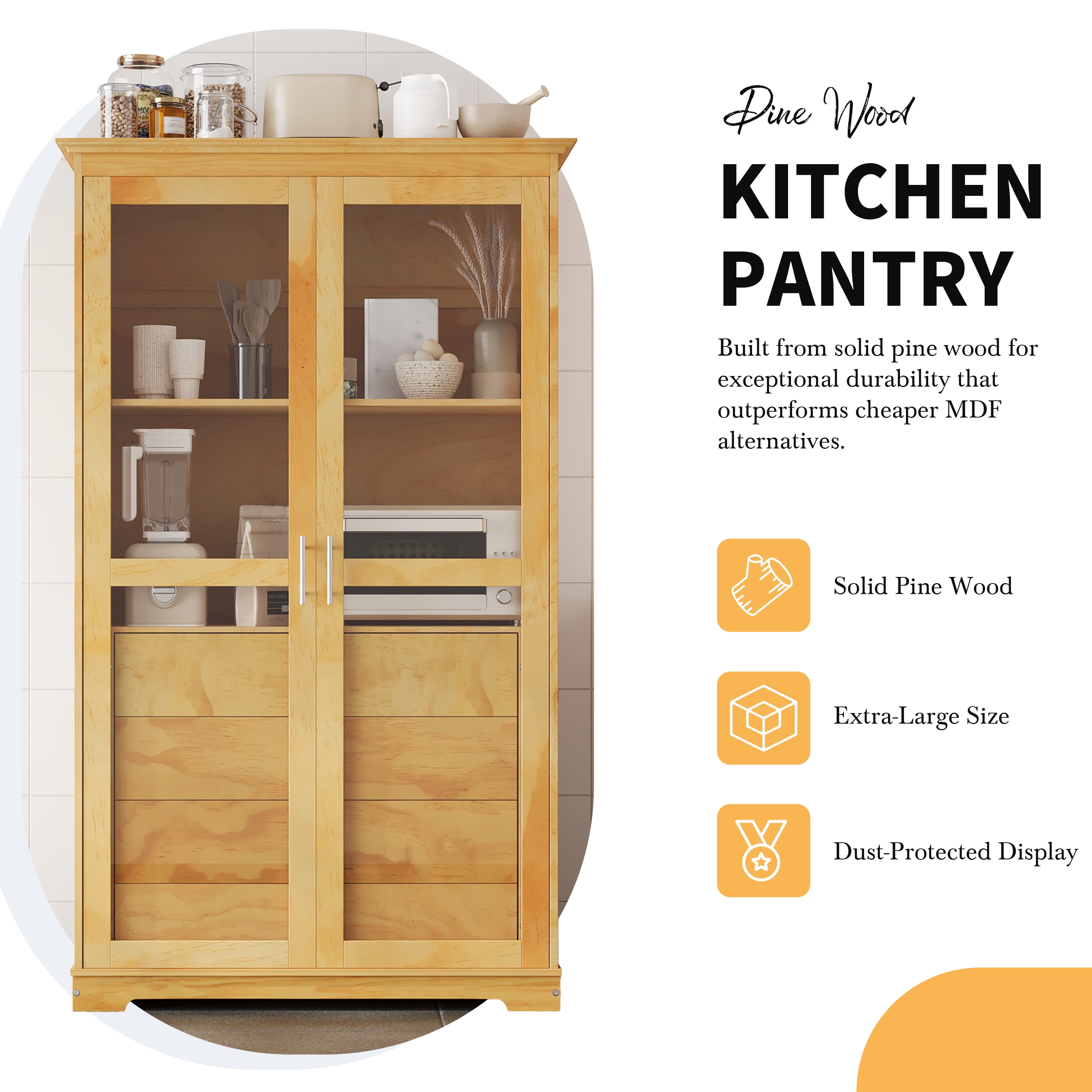 Harper & Bright Designs Farmhouse Kitchen Pantry Cabinet with Microwave Shelf, Tall Kitchen Storage Cabinet with Glass Door, Freestanding Hutch with 4 Built-in Drawers, 75", Natural