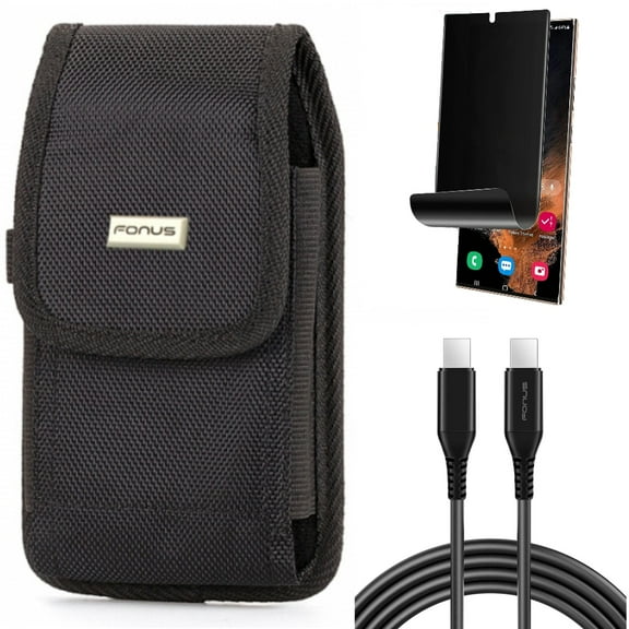 Privacy Screen Protector & 6ft Long USB-C Cable & Case Belt Clip for Samsung Galaxy S22 Ultra (6.8") - Combo TPU Film (Fingerprint) Anti-Peep & PD Fast Charger Cord Power Wire & Swivel Holster Rugged