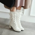 thumbnail image 2 of KIJBLAE Women's Retro Bowknot Lace Up Boots Chunky Heel Round Toe Side Leather Victorian Gothic Punk Style Mid-Calf Boots White 37, 2 of 5