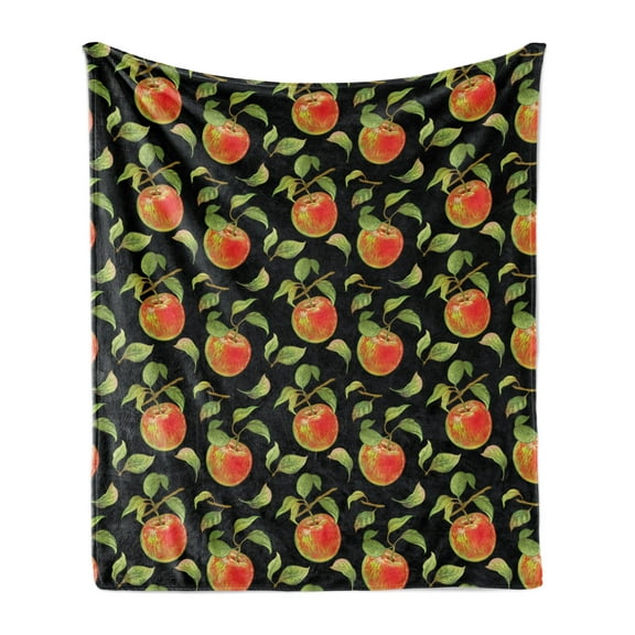 Fruits Soft Flannel Fleece Throw Blanket, Hand Drawn Detailed Illustration of Branches of Apple Trees with, Cozy Plush for Indoor and Outdoor Use, 70" x 90", Fern Green Red Black, by Ambesonne