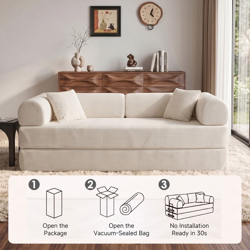Anpport 78.8" Compression Boneless Sectional Sofa, Convertible Floor Sleeper Bed with Pillow Back Armrest, Corduroy Fabric, White, for Living Room Bedroom