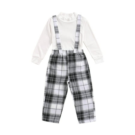

Sunisery Newborn Baby Girls Christmas Outfits Ribbed Long Sleeve T-shirt Plaid Suspender Pants Clothes Sets Black B 4-5 Years