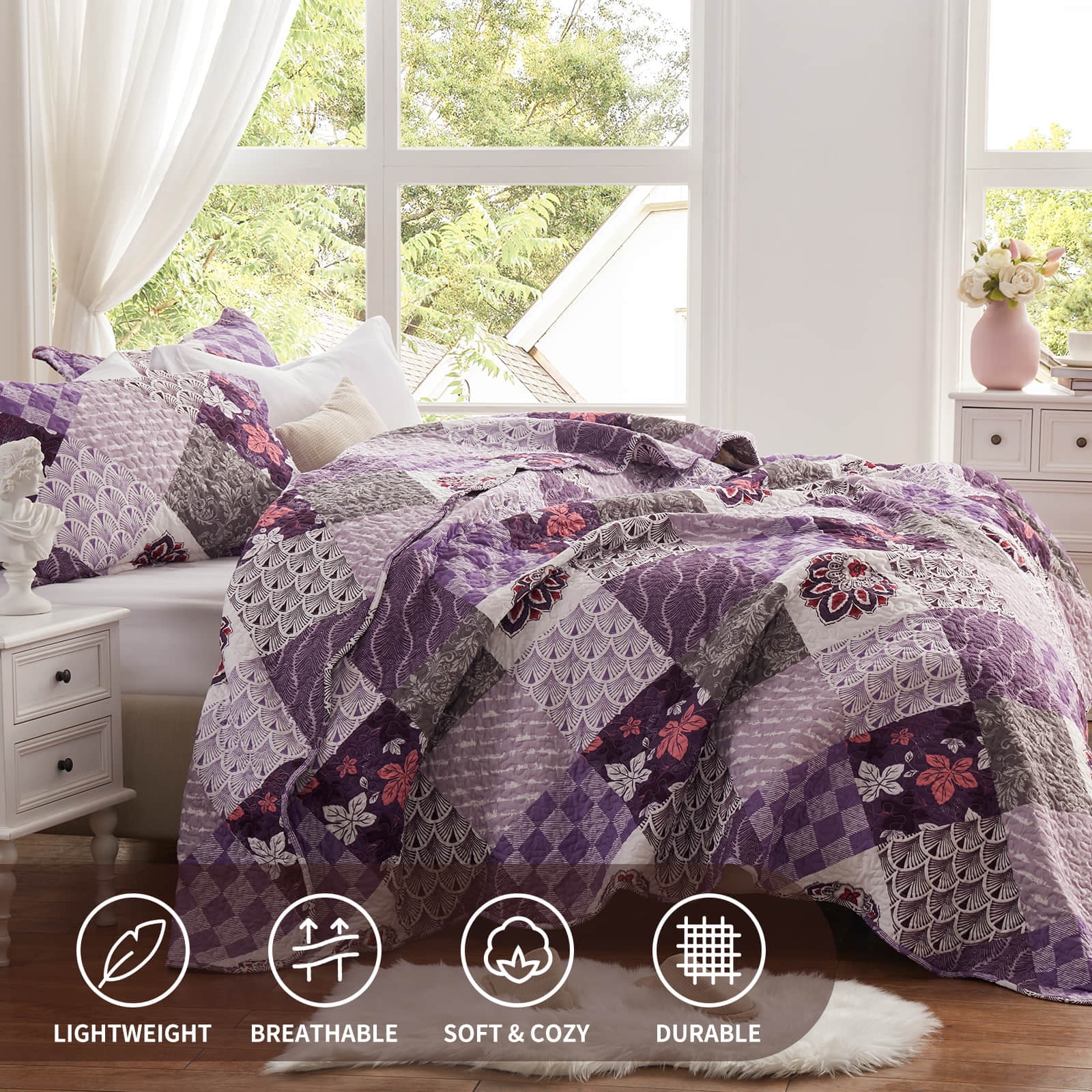 3-Piece Full/Queen Size Quilt Set - Purple Patchwork Bedspread Coverlet with 2 Pillow Shams, Microfiber