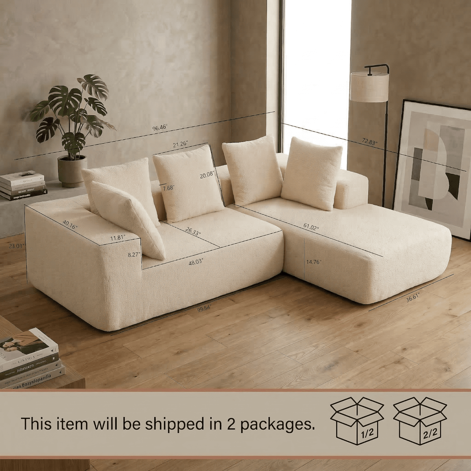 Xiweot 96" Cloud Sectional Couch for Living Room, Memory Foam Sectional Sofa with Deep Seat, Teddy Fabric L Shaped Modular Sectional Couch with Right Facing Chaise (Beige)