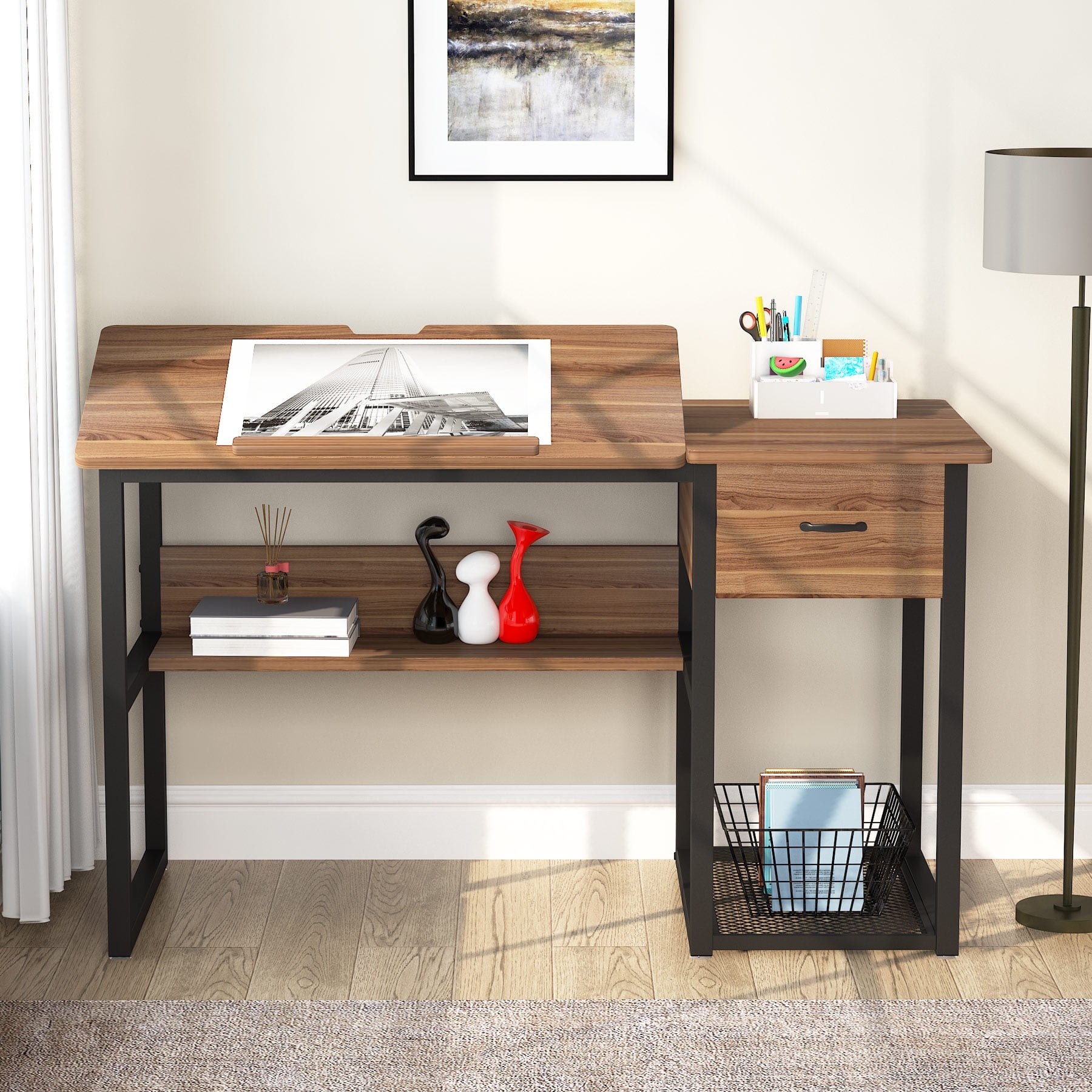 Tribesigns Drawing Computer Desk with Tiltable Tabletop, Painting Drafting Desk Workstation with Storage Shelves and Drawer for Students, Home Office