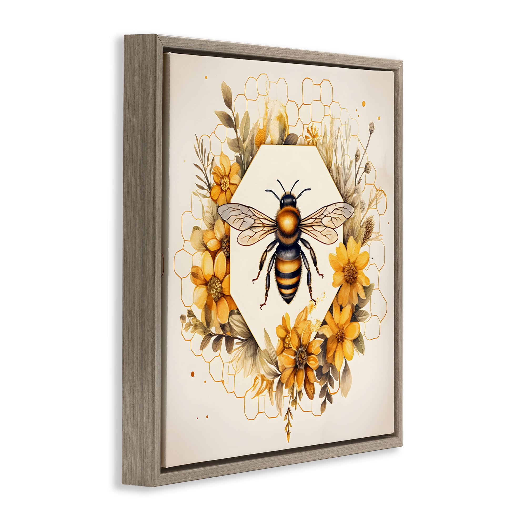 Stupell Industries Hexagon Bee Wreath Animals & Insects Painting Brown Floater Framed Canvas Art Print Wall Art, 18 x 18