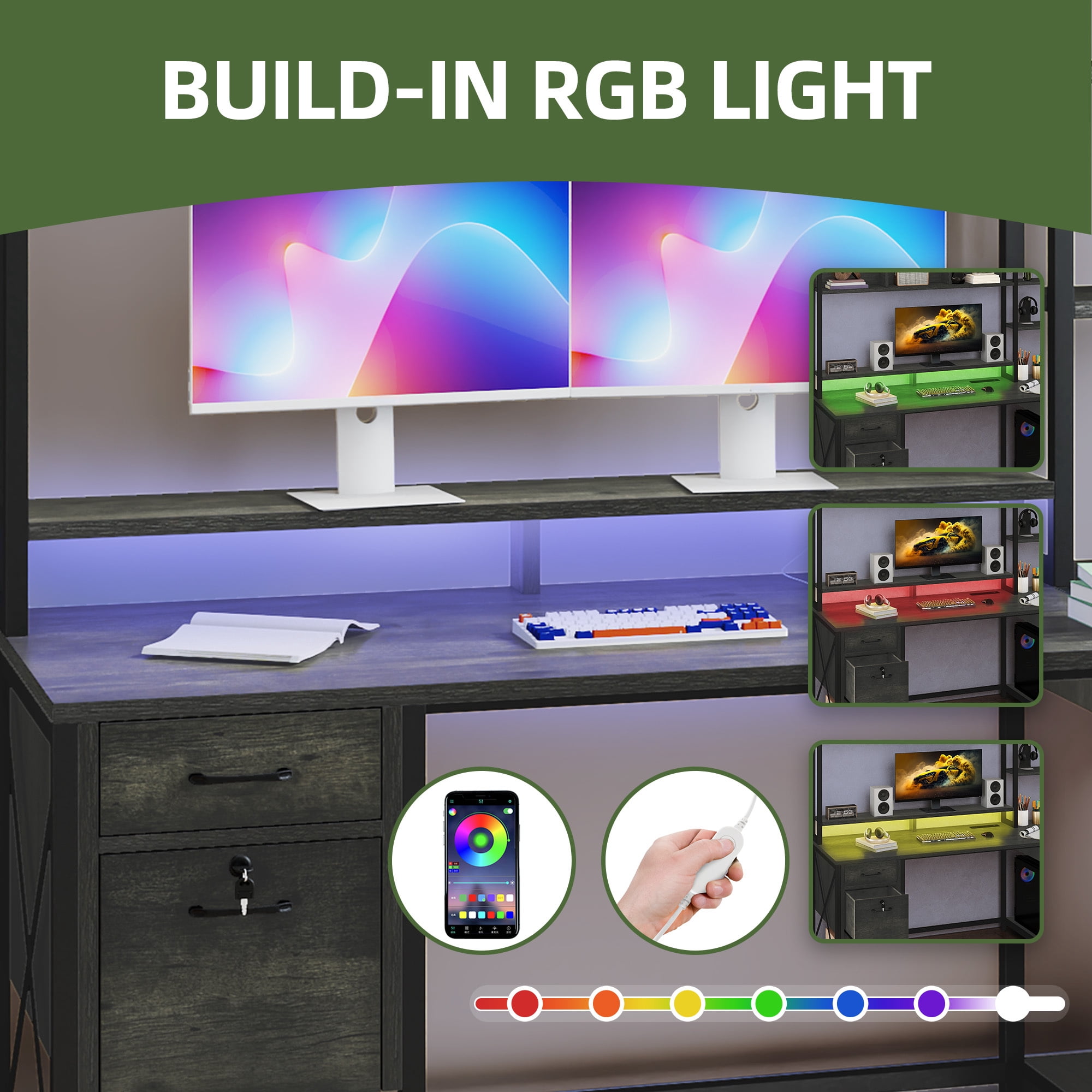 Uforic 59.1 Inch Rustic Brown Computer Desk with Hutch & Drawers with RGB LED Light Strip Multi-Shelf Storage with Sturdy Metal Frame, Gray