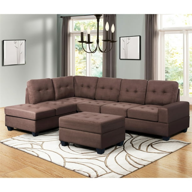 Modern Suede Sectional Sofa 5 Seat, Brown Leather And Suede Sectional