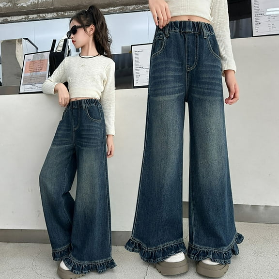 Kids Girls Jeans High Waist Wide Leg Jeans Teen Clothing Girls Pants Size