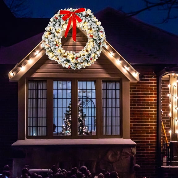 UBesGoo 48in Outdoor Christmas Wreath PVC Bow Decoration Lights LED Garden Garland Decoration Green