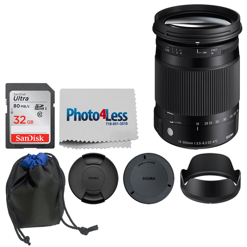 Cleaning Cloth Super Lens Accessory Bundle Sigma 18-300mm f/3.5-6.3 DC MACRO OS HSM Contemporary Lens for Canon EF + 32GB Memory Card 886101 Lens Pouch 