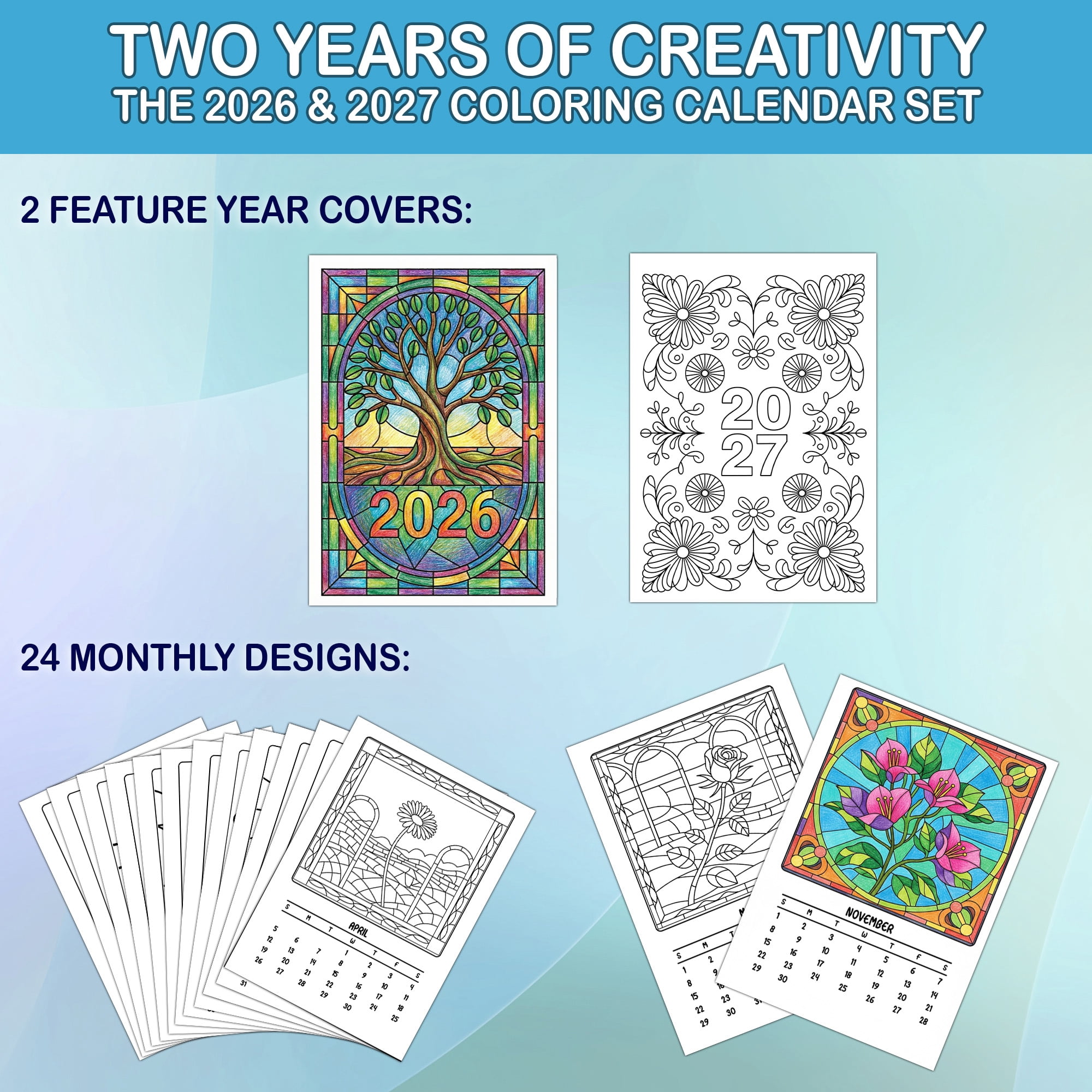 Stained Glass Flowers Coloring Desk Calendar 2026–2027, A5 Wooden Cover Planner with 26 Easy Coloring Pages for Adult Relaxation, 24 Month Desktop Calendar with Stand, Gift for Family & Friends