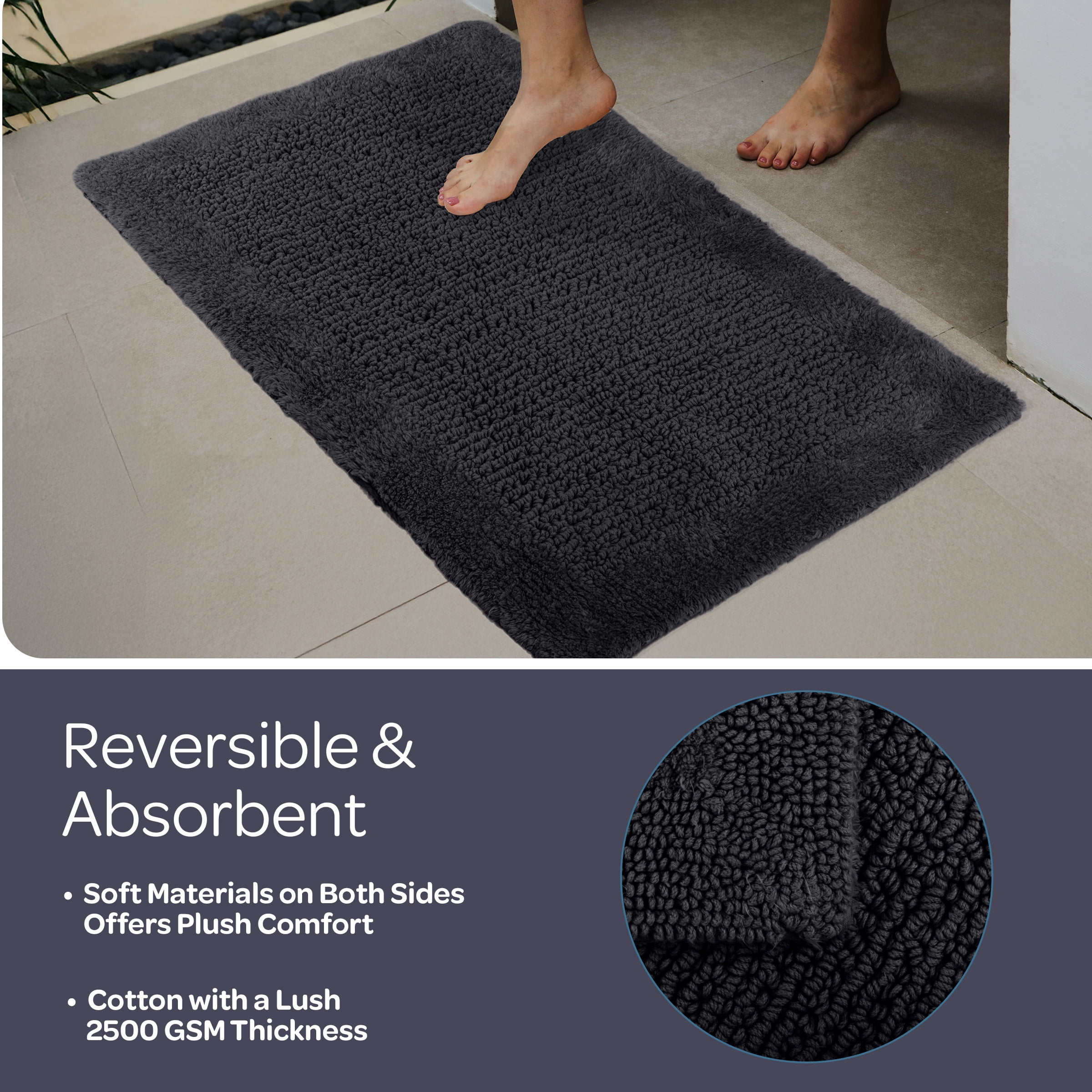 Lavish Home Bathroom Rugs - 2-Piece 2500GSM Cotton Bath Mat Set (Black)