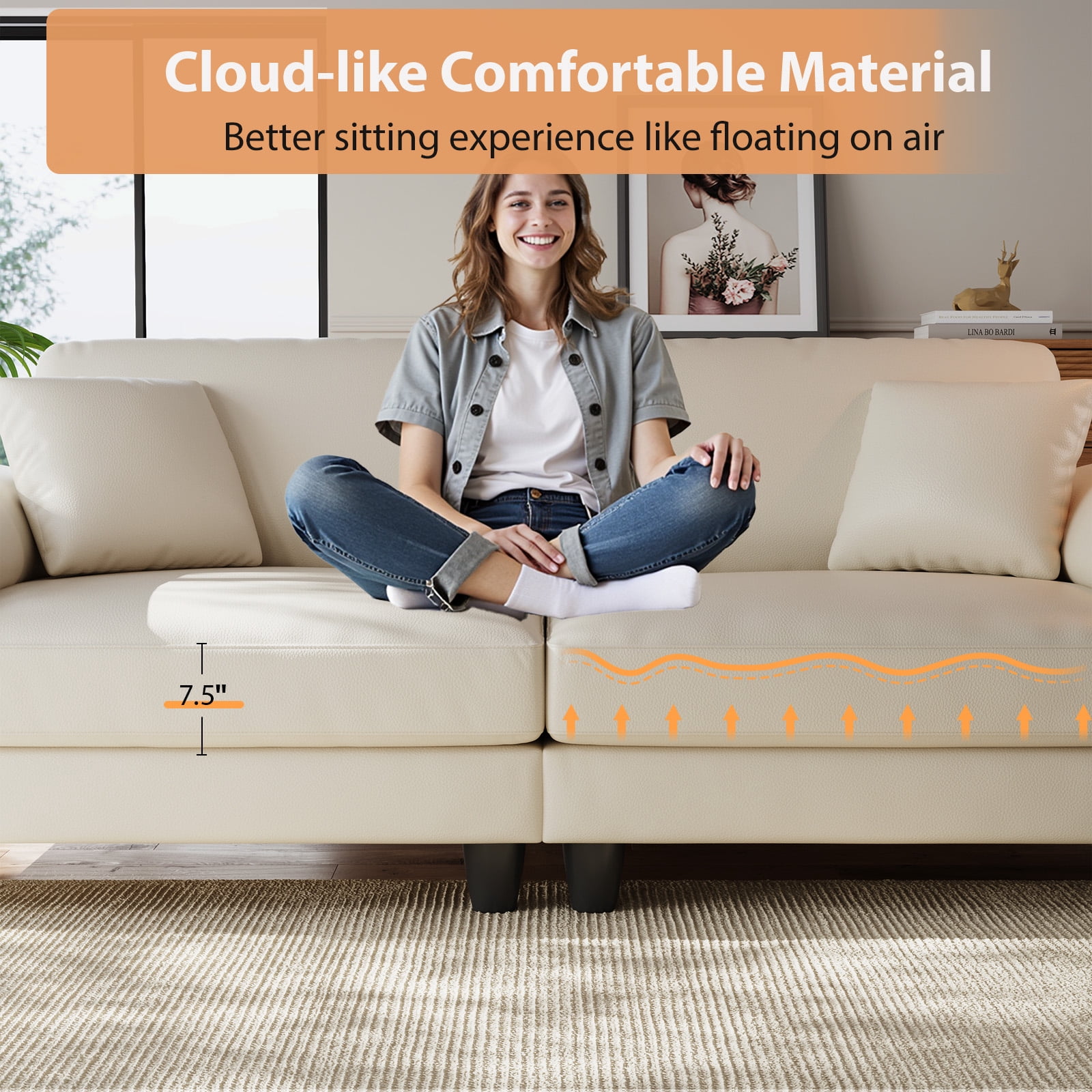 83" Couch Premium PU Leather Sofa, Comfy Extra Deep Seat 3 Seater Couch for Living Room, Oversized Loveseat with 2 Pillows, Beige