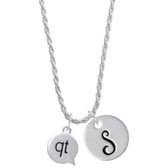 Delight Jewelry Silvertone Text Chat - qt - Cutie - Silvertone Script Initial Disc - S - Charm Necklace, 20"+3"