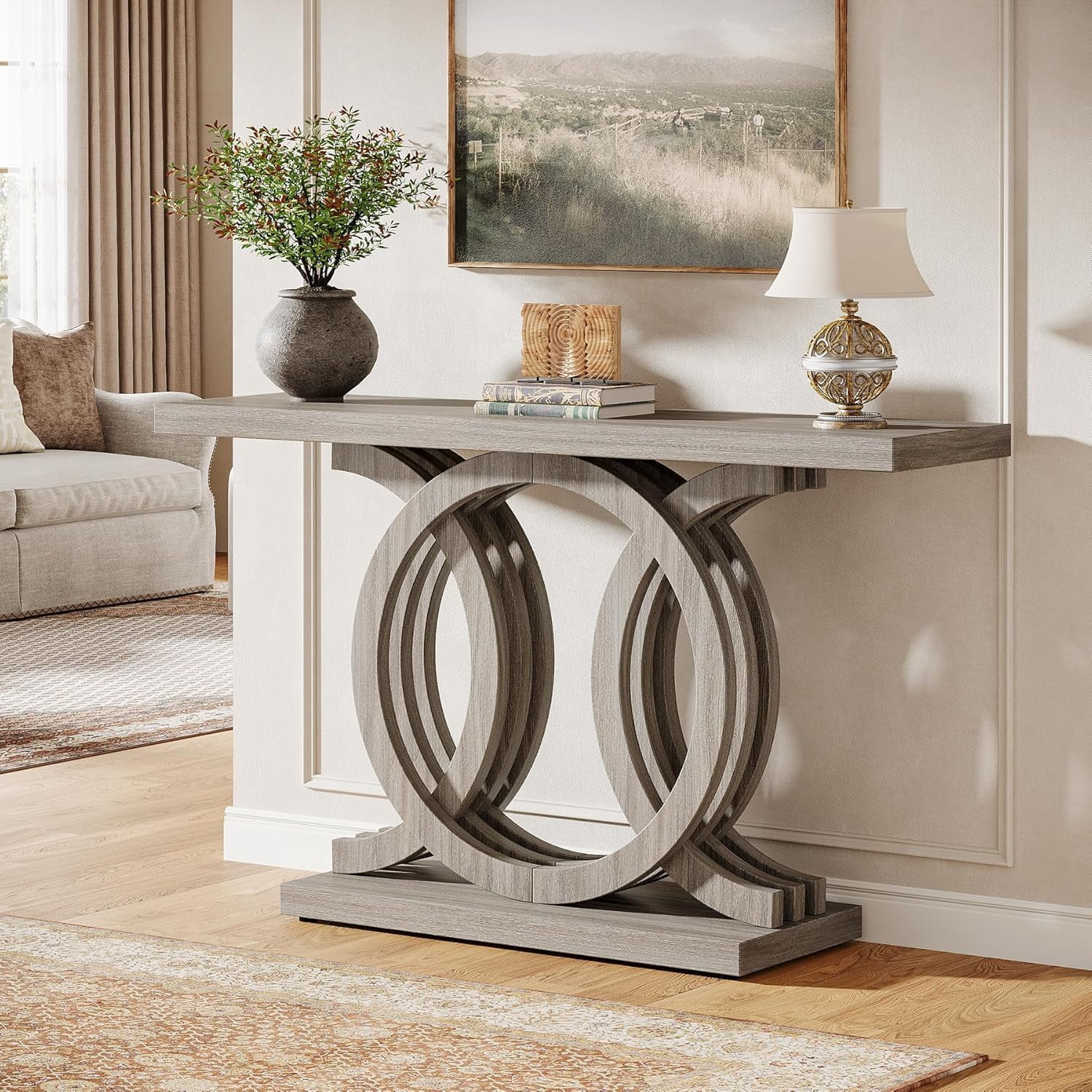 Finmind 55" Console Table with Geometric Wood Base, Modern Entryway Table, Gray