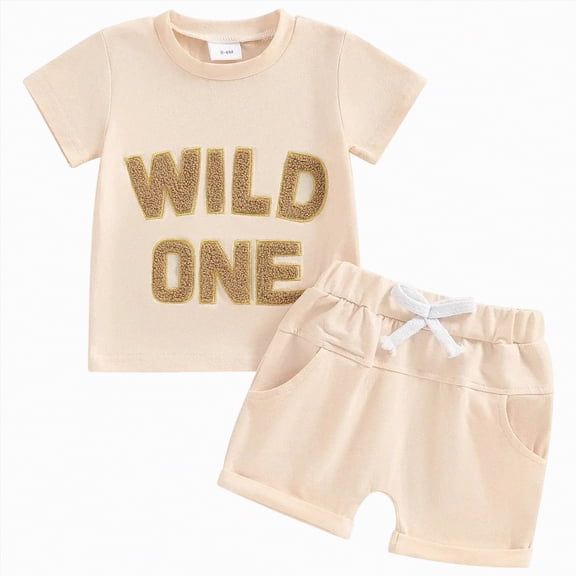 kpoplk Newborn Infant Baby Boy Short Sleeve Onesie Style Top and Shorts 2pc Summer Outfit 0-6 Months(Beige,18-24 M)