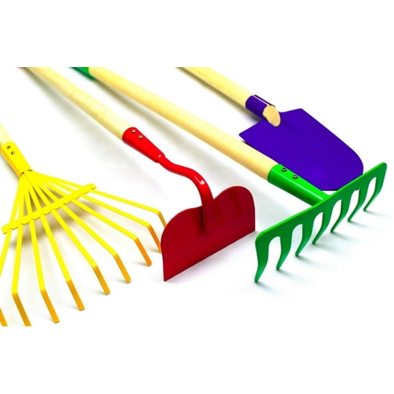 G & F Products Kids Garden Tools JustForKids Gardening Tool Set Rake Spade Hoe and Leaf Rake Real Steel Heads Wood Handles Child-Sized 4-Piece Set Ages 5 and Up